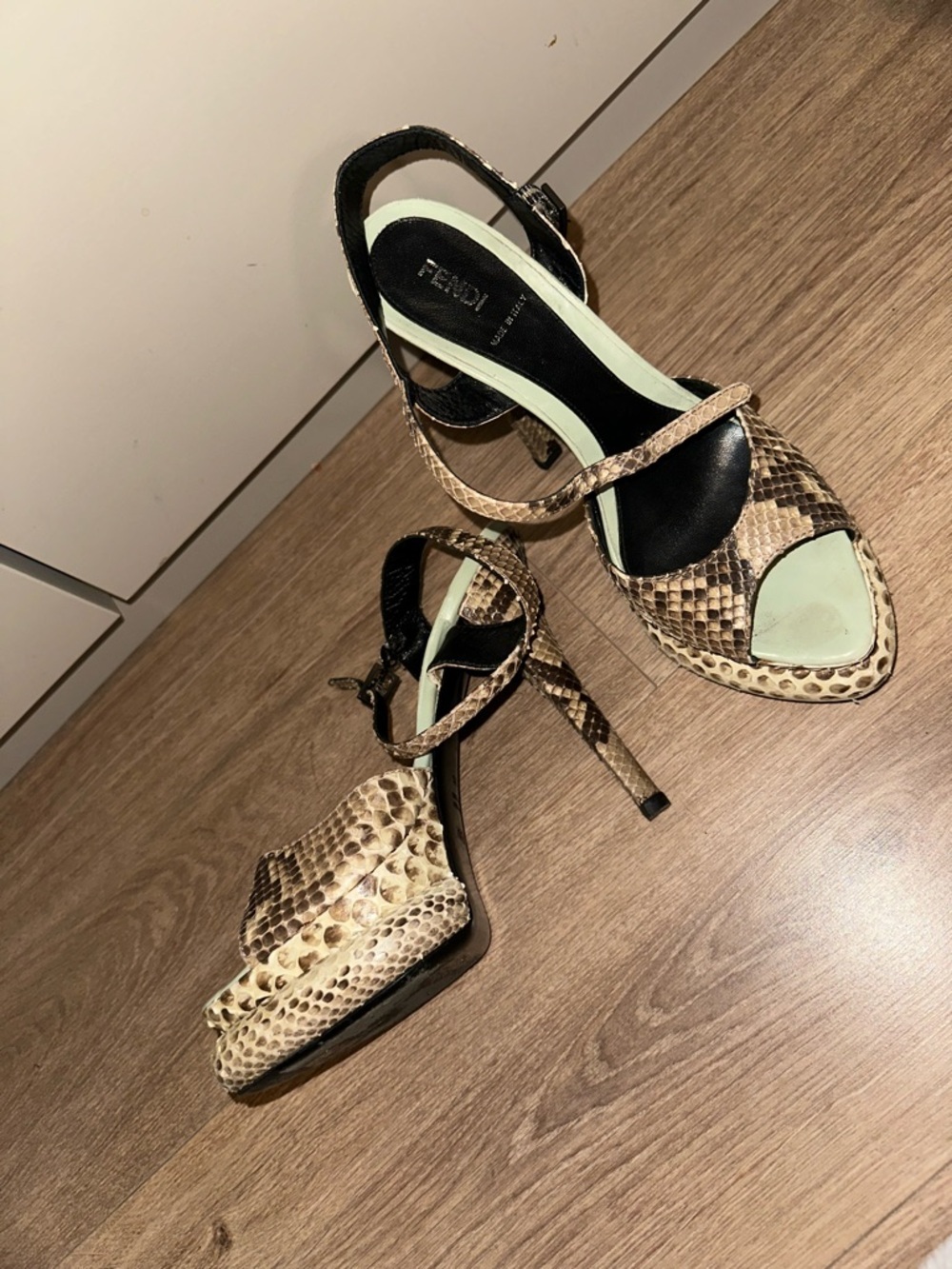 Fendi Snake-Print Open-Toe Ankle-Strap Sandals in Beige